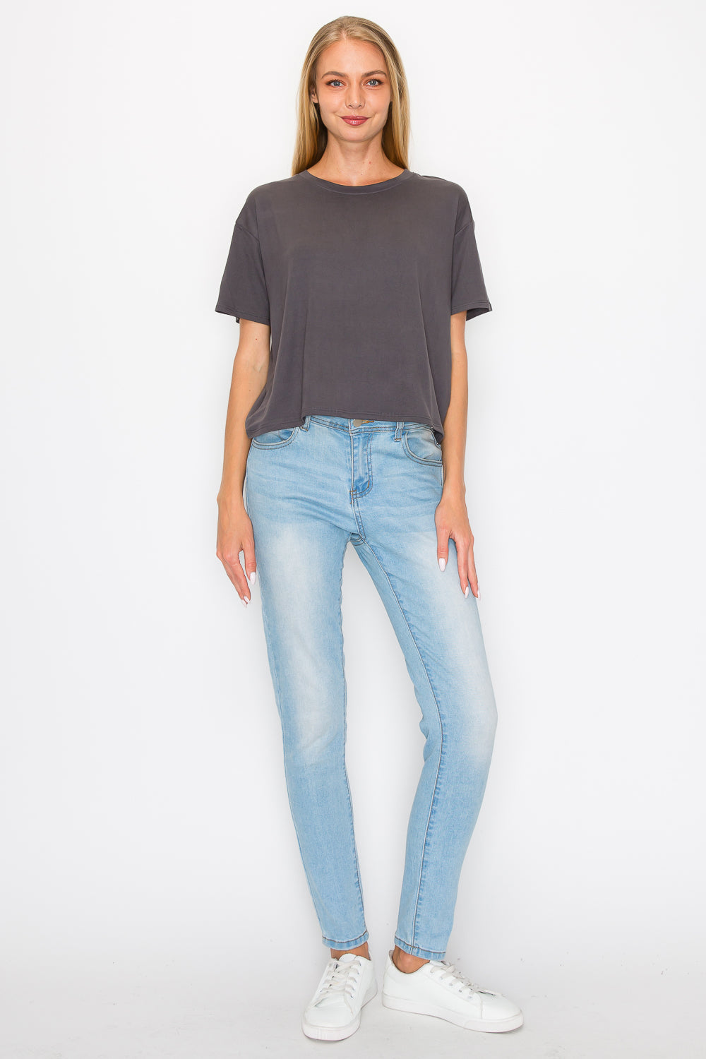 Boxy Short Sleeve Crop Top - Charcoal