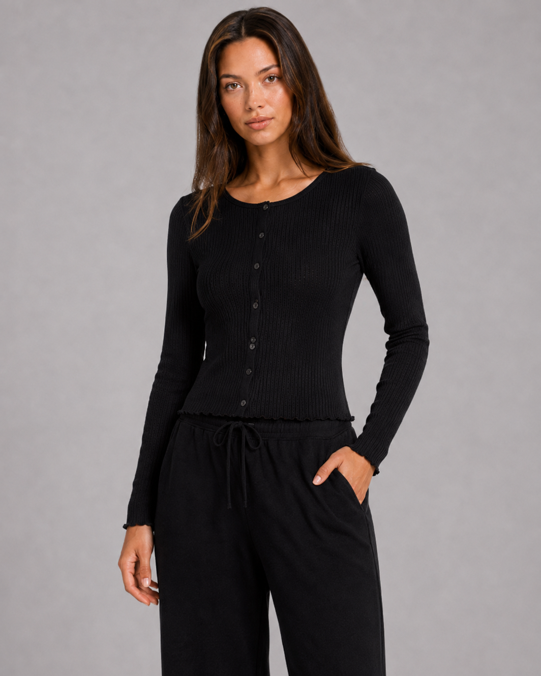 Sofia Pointelle Button Top- Khaki (Pack XS-S-M-L 1-2-2-1)