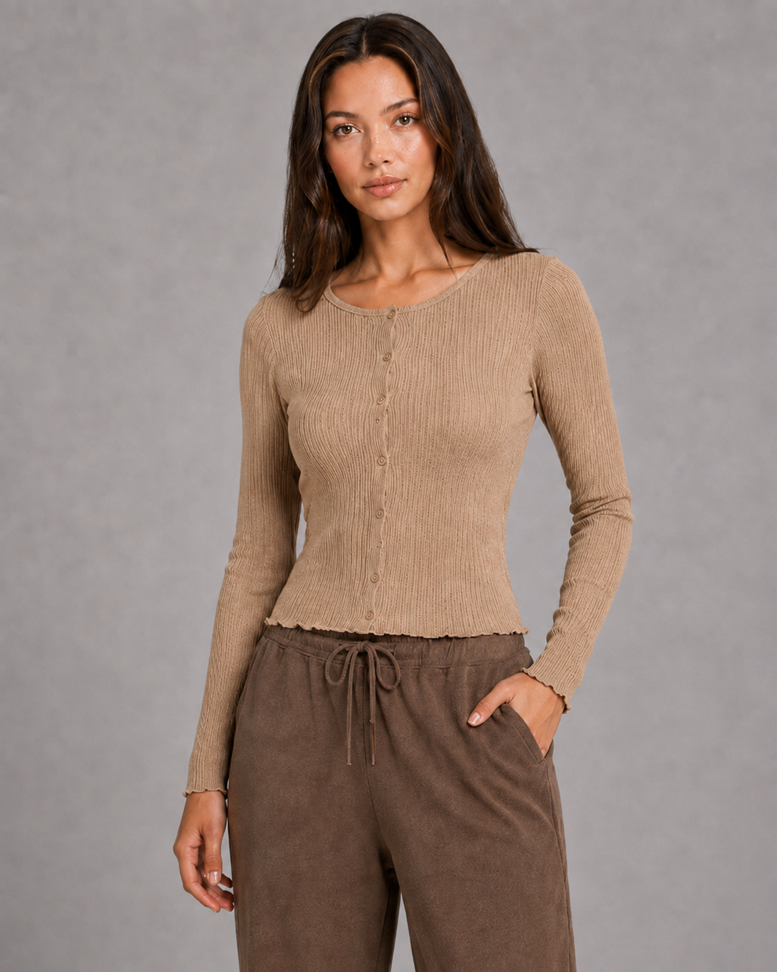 Sofia Pointelle Button Top- Khaki (Pack XS-S-M-L 1-2-2-1)