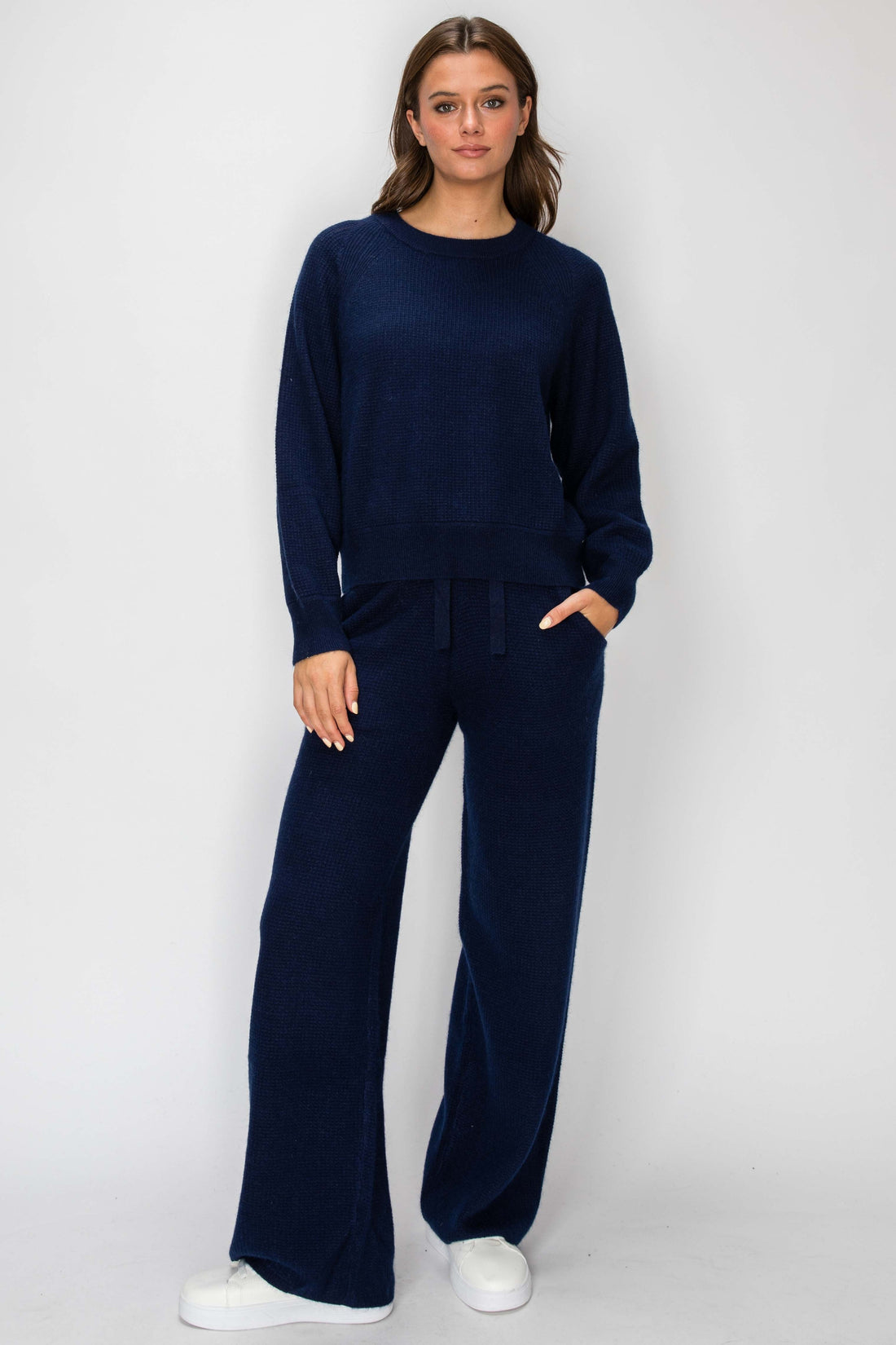 T1234 Angora Cashmere Waffle Pullover - Navy