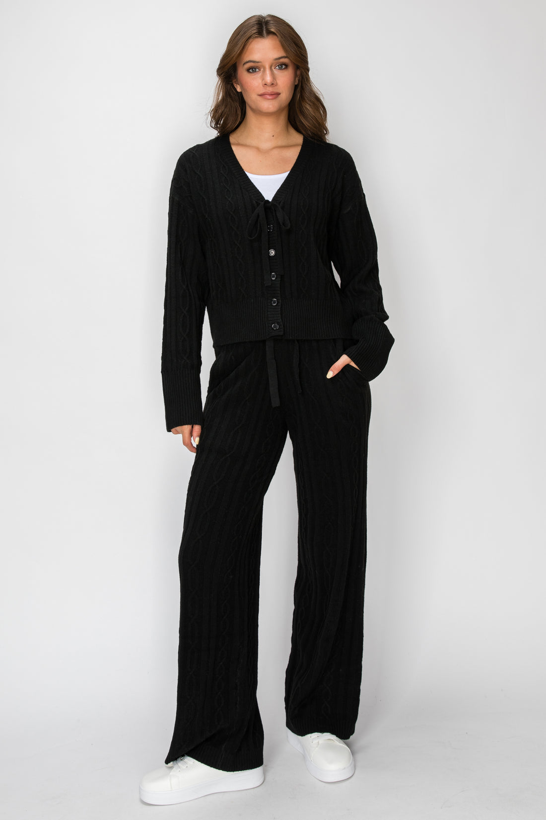 T1238 Sierra Tie-Front Cable-Knit Cardigan - Black