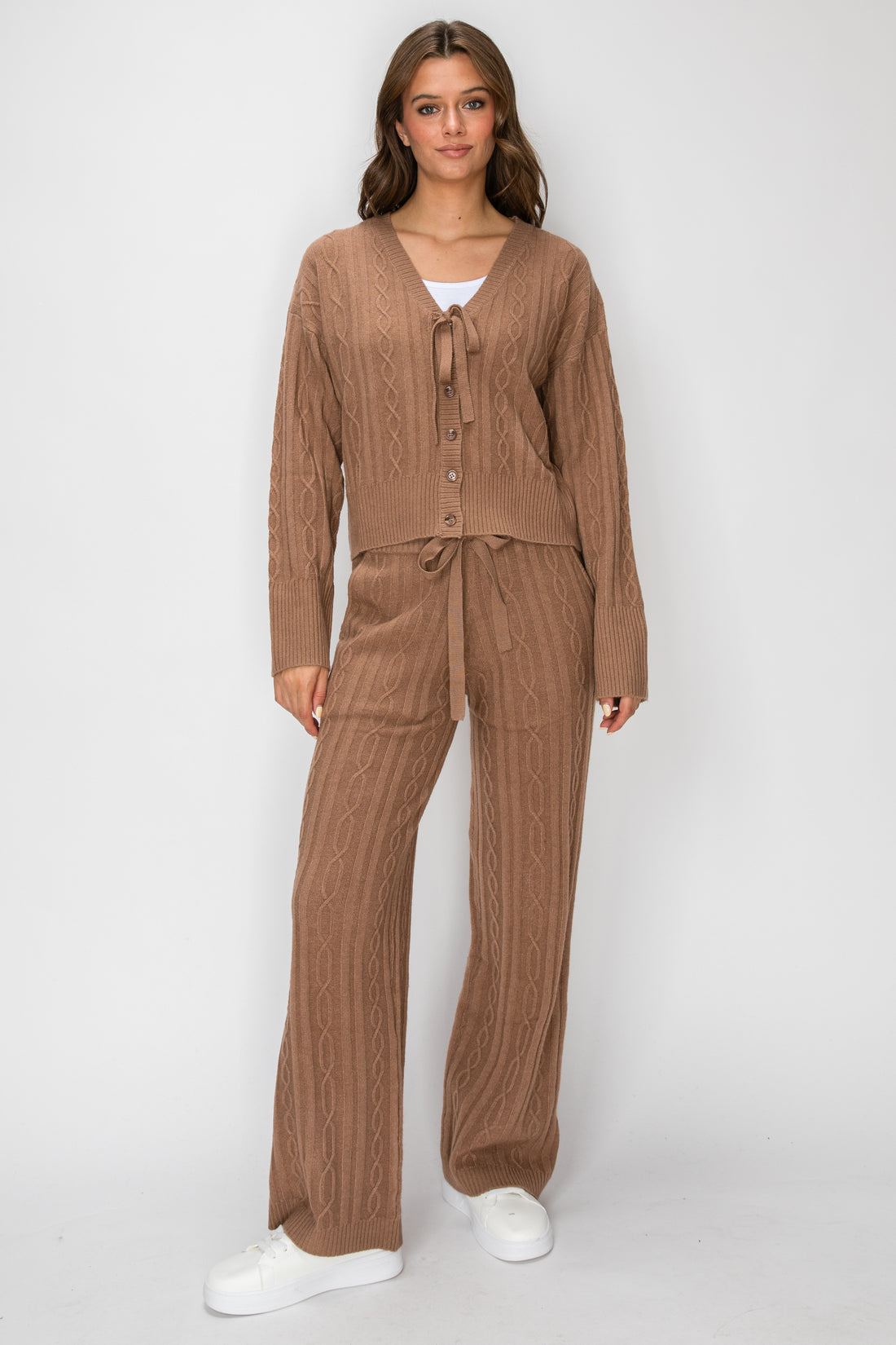 T1238 Sierra Tie-Front Cable-Knit Cardigan - Brown