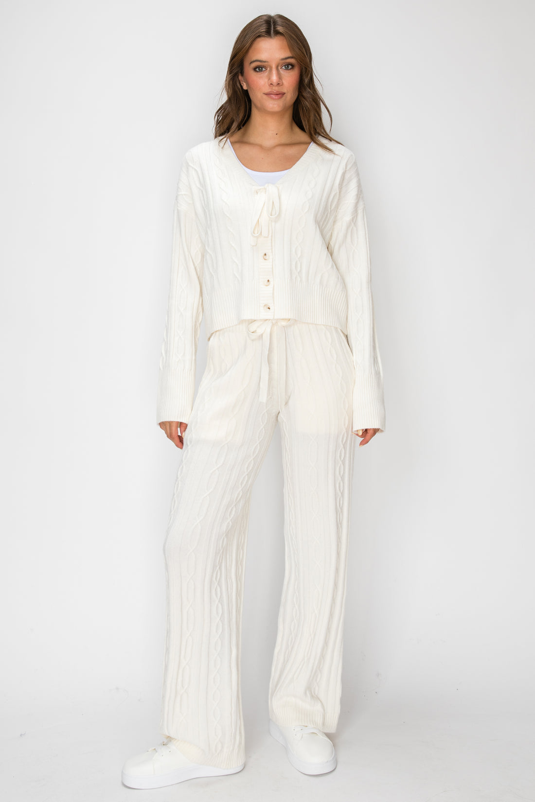 T1238 Sierra Tie-Front Cable-Knit Cardigan - Cloudy Cream