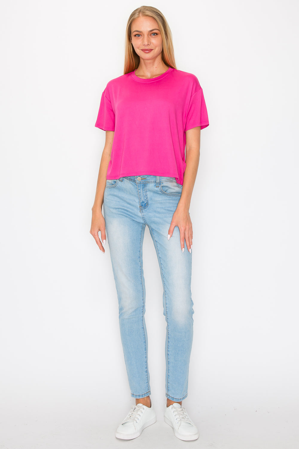 Boxy Short Sleeve Crop Top - Fuchsia