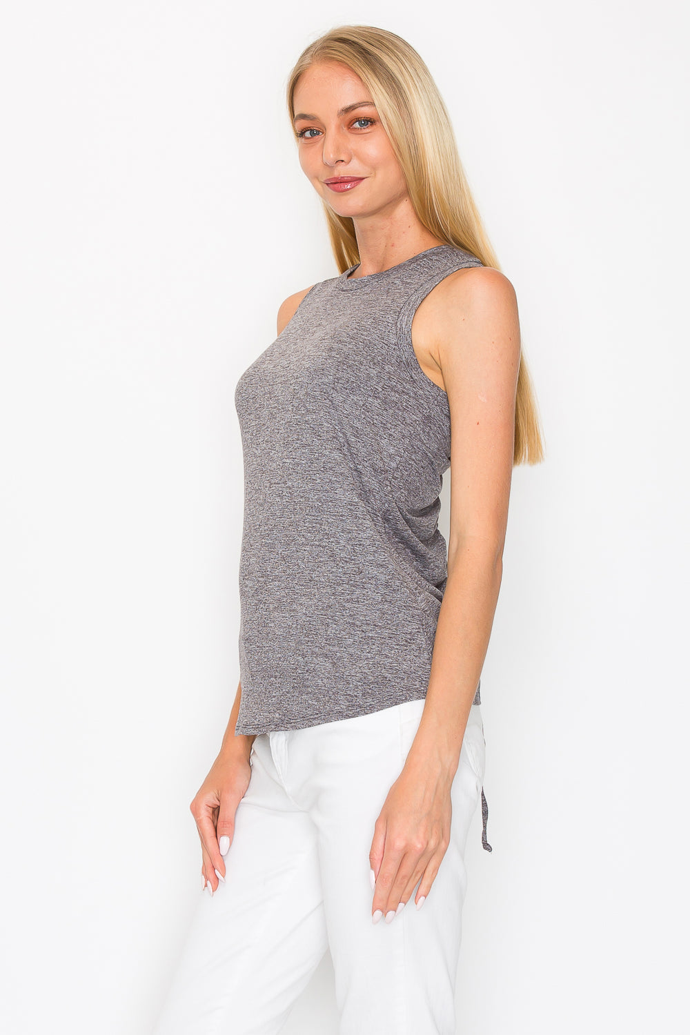 Ruched Drawstring Back Tank Top - Heather Grey