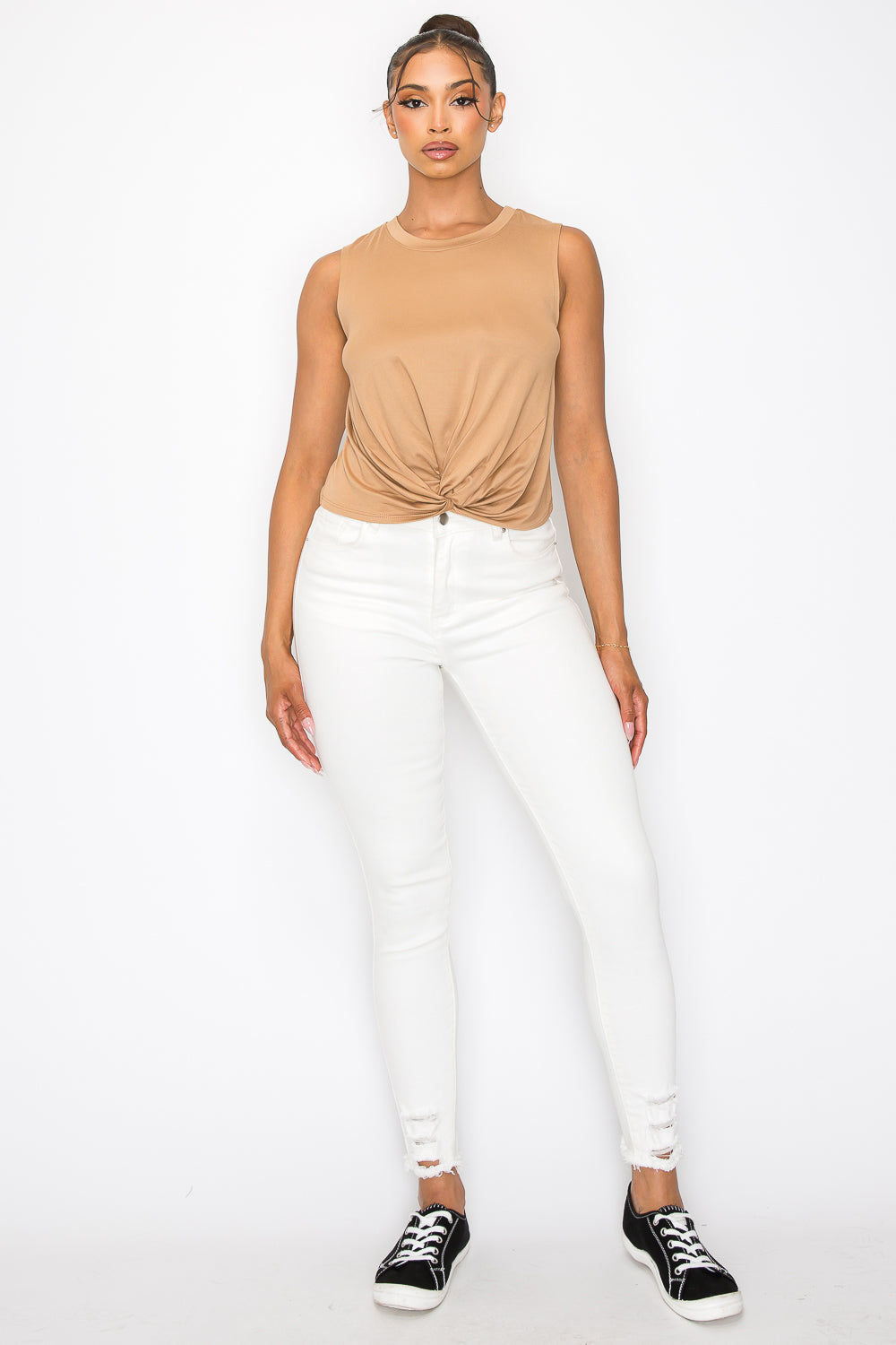 Front Twist Knot Tank Top - Camel