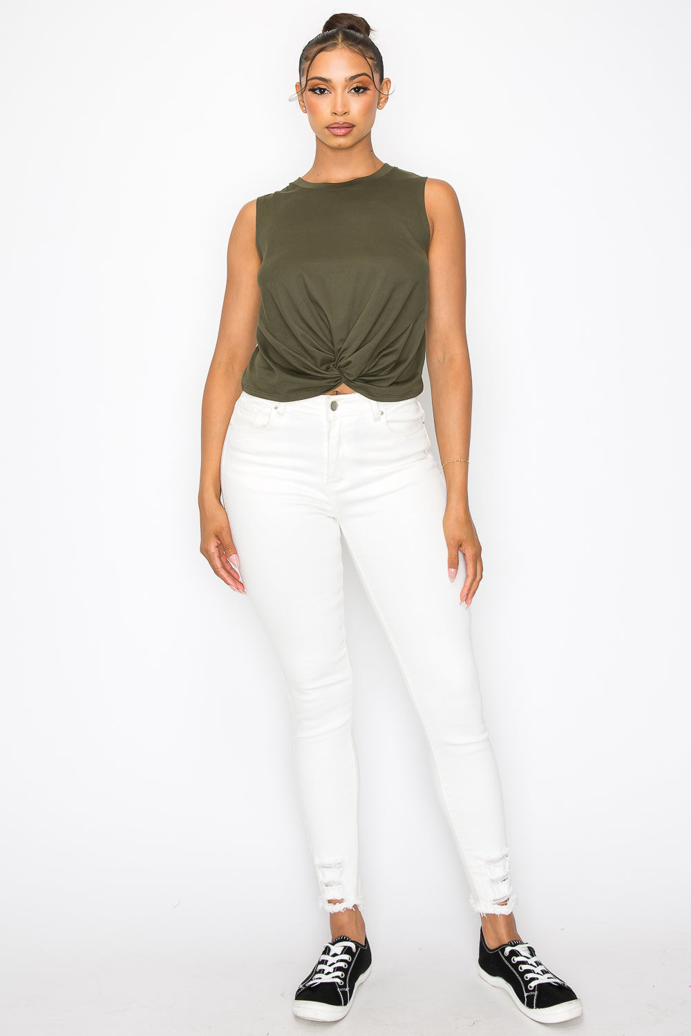 Front Twist Knot Tank Top - Olive